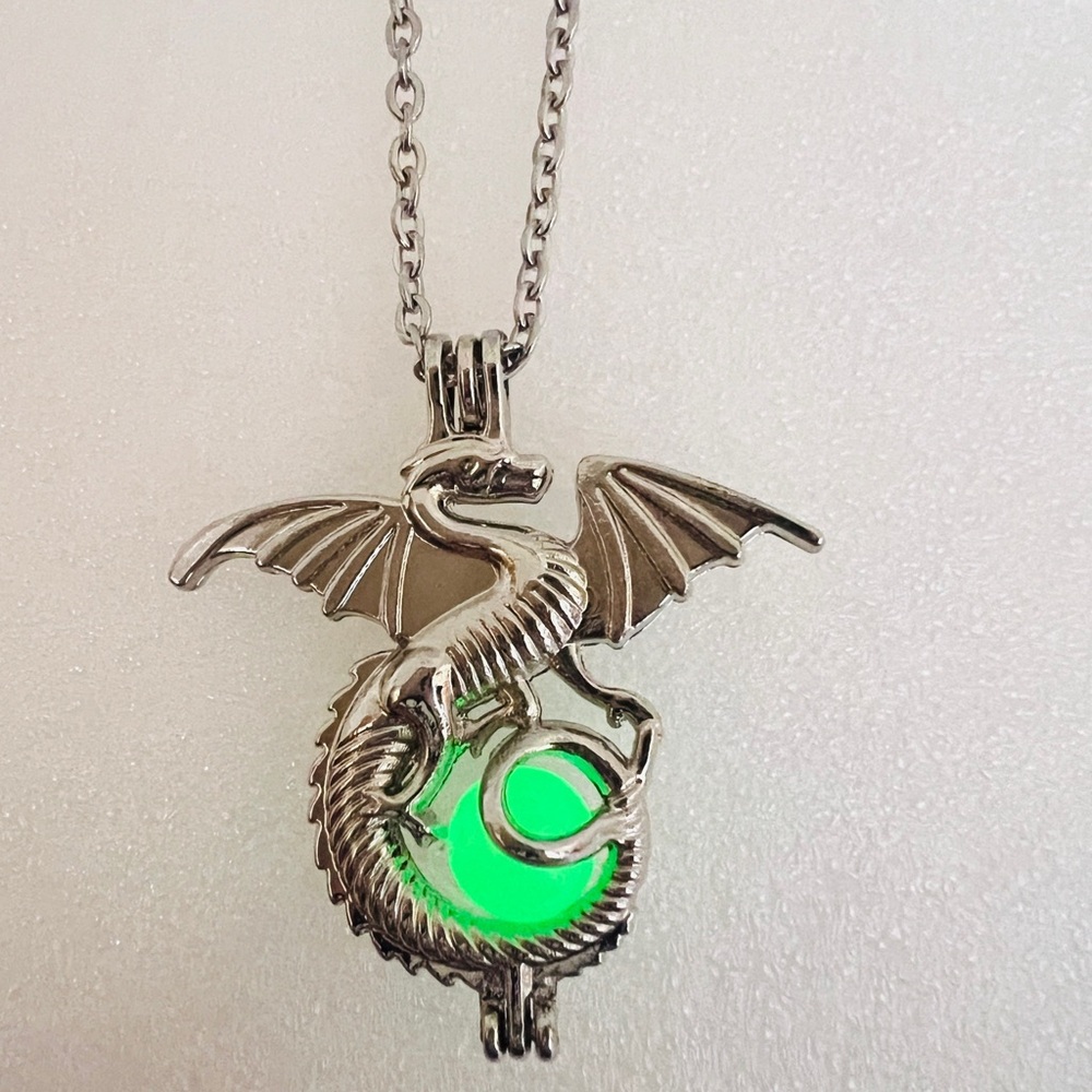 Silver plated dragon charm, glow in the dark bead , 24 in stainless chain
